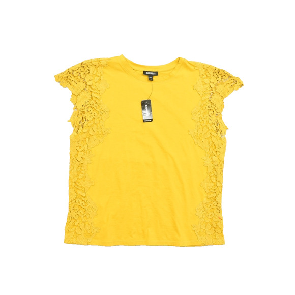Express Women's Yellow Lace Top Size M Short Sleeve T-Shirt Blouse Crewneck NEW - Picture 1 of 8